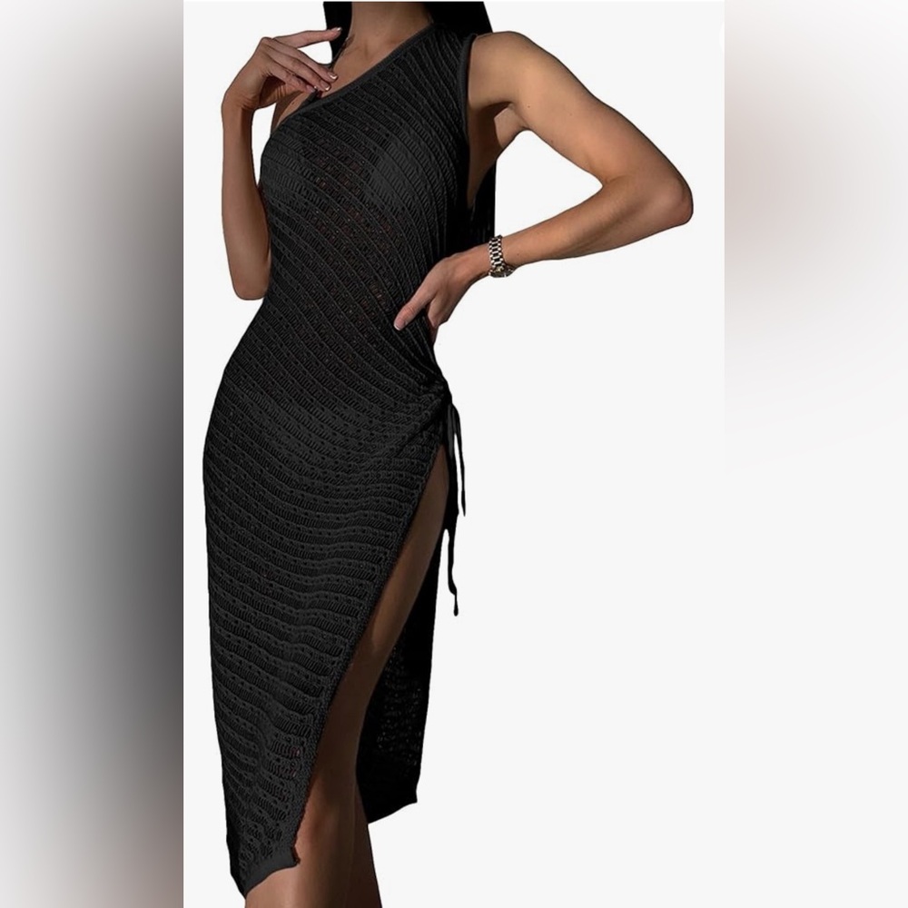 Verdusa Women's Crochet Cover Ups One Shoulder Drawstring Side Split